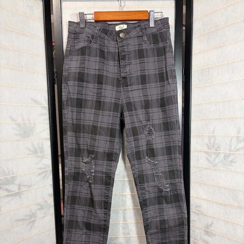 Easel Plaid Pants Small Gray Distressed‎ Button Fly High Rise Grunge Raw Hem